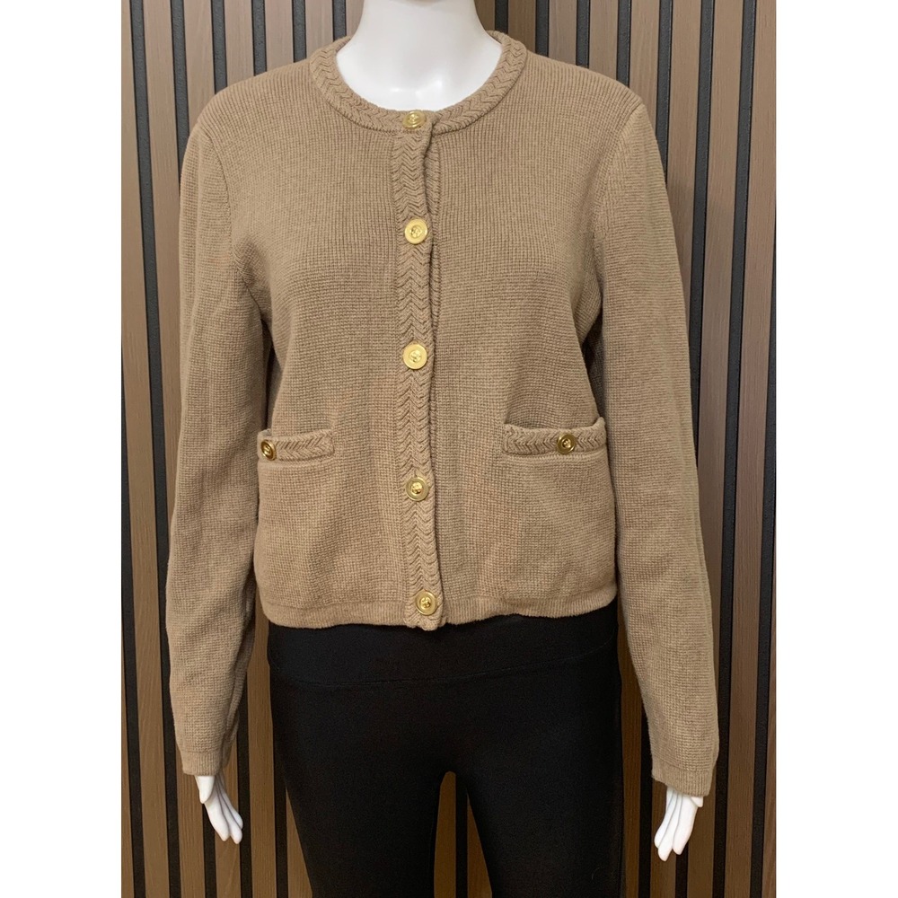 J.Crew Tan Cotton Lady Jacket Cardigan Sweater Gold Crest Buttons Size M